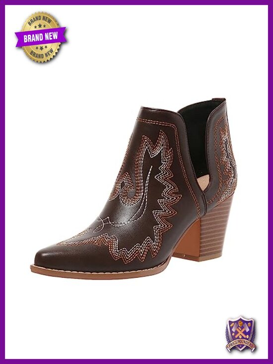 Shoes - Women's Cowboy Ankle Boots Pointed Toe Chunky Heel Cutout Western
